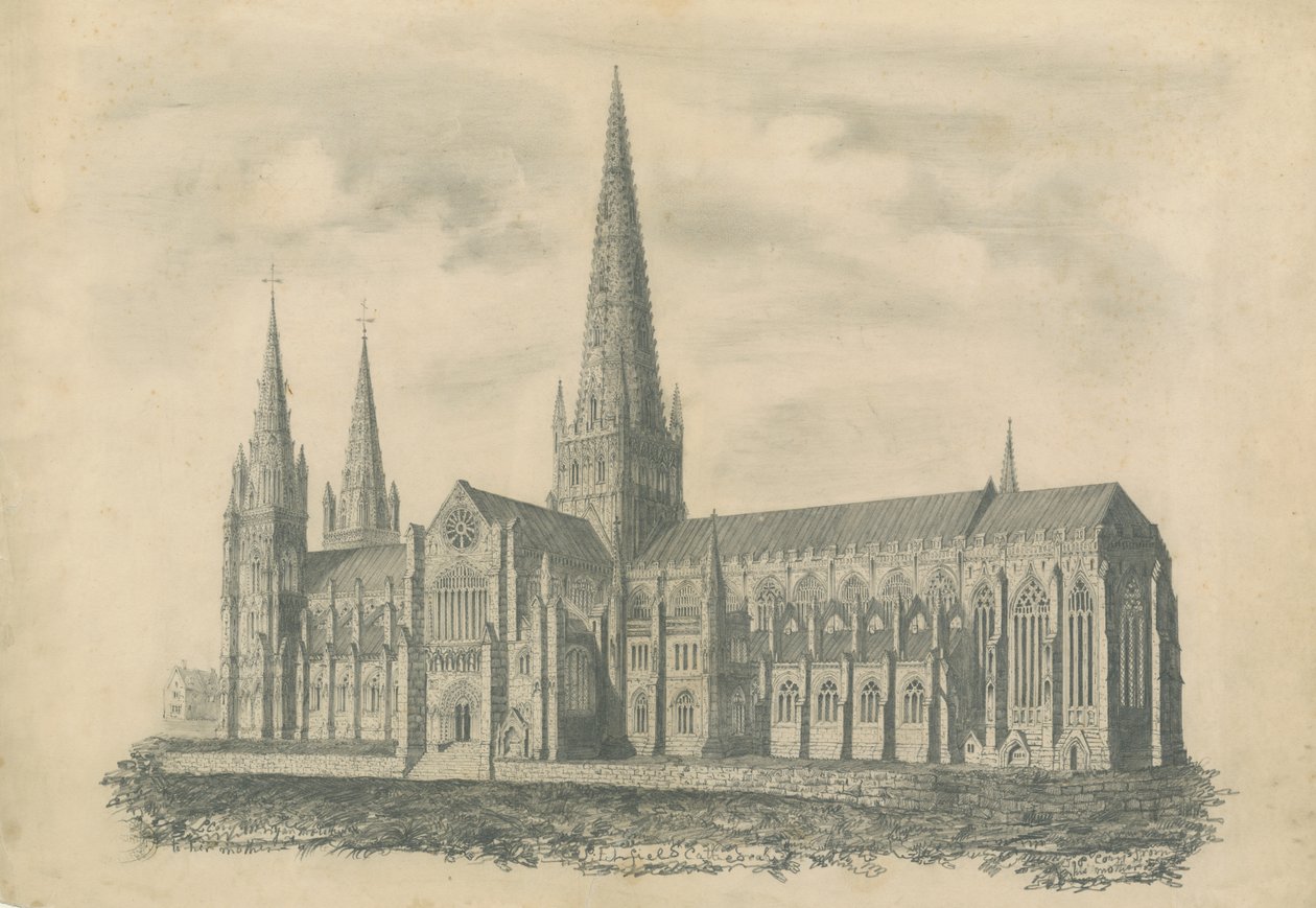 Katedra w Lichfield - widok na południowy wschód: grawerowanie i [?XIX wiek] (druk) autorstwa School English