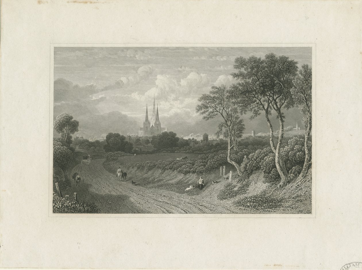 Katedra w Lichfield - widok na zachód (odległa): grawerowanie i [?XVIII wiek] (druk) autorstwa School English