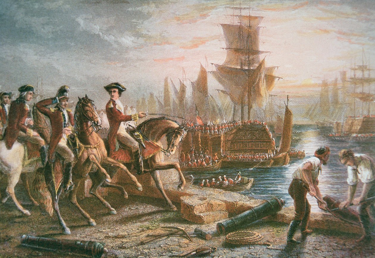 Lord Howe organizuje brytyjską ewakuację Bostonu w marcu 1776 (kolor grawerowania) autorstwa School English