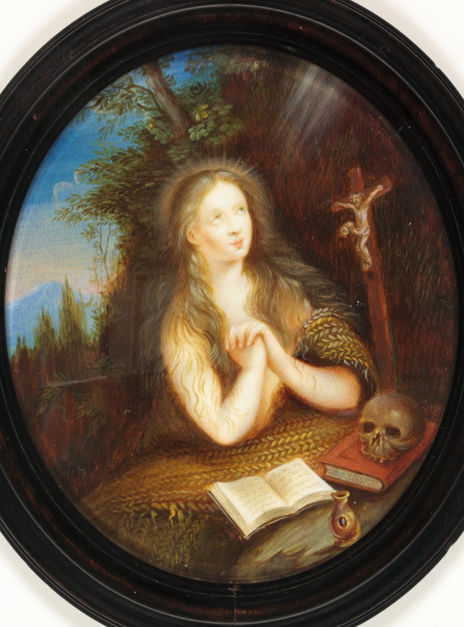 Maria Magdalena oparta o brzeg, z oczami wzniesionymi do krucyfiksu (emalia) autorstwa School English