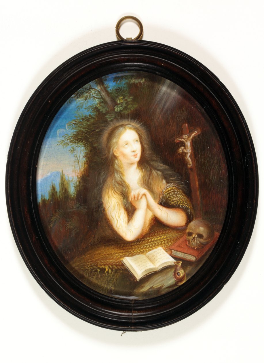 Maria Magdalena oparta o brzeg, z oczami wzniesionymi do krucyfiksu (emalia) autorstwa School English