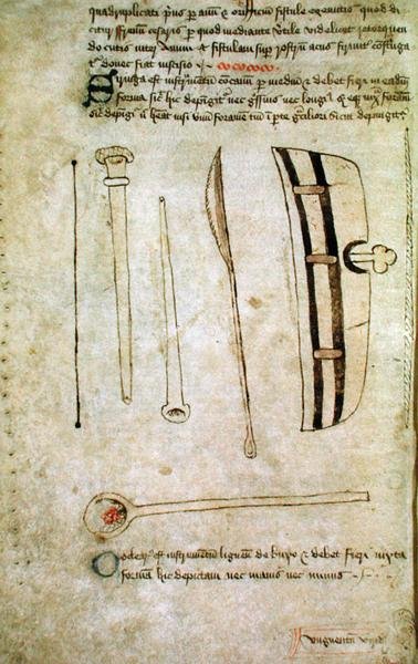 Pani Hunter 112 f.44v z „Speculum Phlebotomiae” Johna Arderne, c.1349-1450 (pióro i atrament na welinie) autorstwa School English
