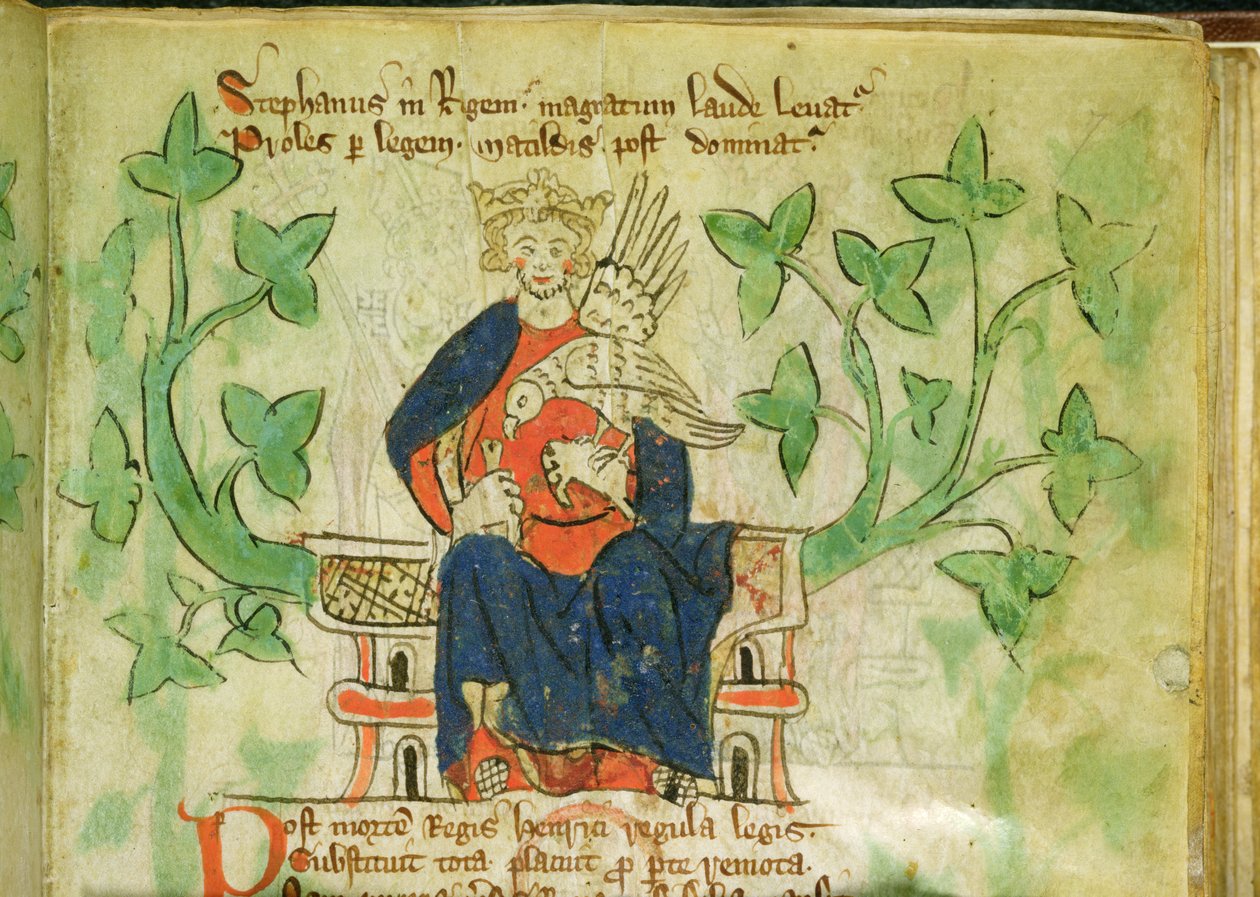 Roy.20 A II f.7 intronizacja króla Stefana, napisana za panowania Edwarda II (1284-1327) autorstwa School English