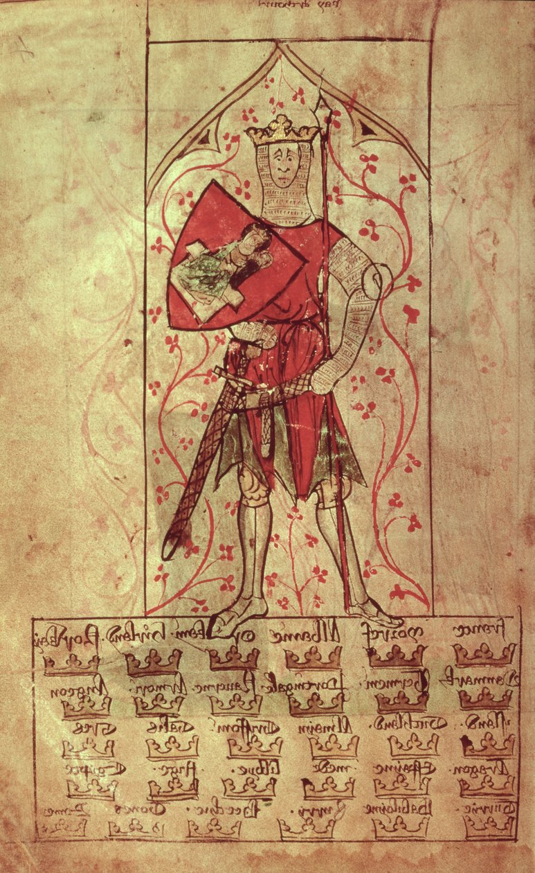 Roy 20 A II f.4r Król Artur i Trzydzieści Królestw napisane za panowania Edwarda II (1248-1327) autorstwa School English