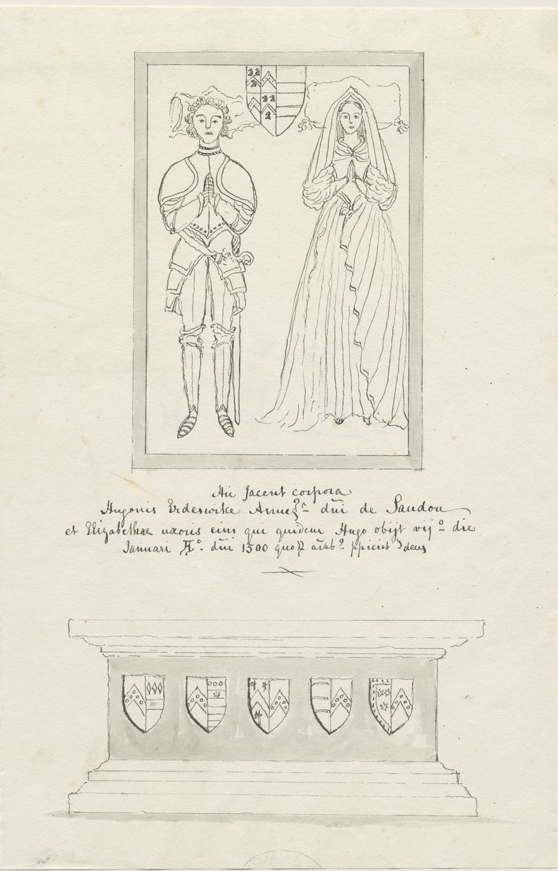Sandon Church - Grób Hugh Erdeswicke i Elizabeth [Harcourt]: rysunek piórem i praniem, nd [?XVIII wiek] (rysunek) autorstwa School English