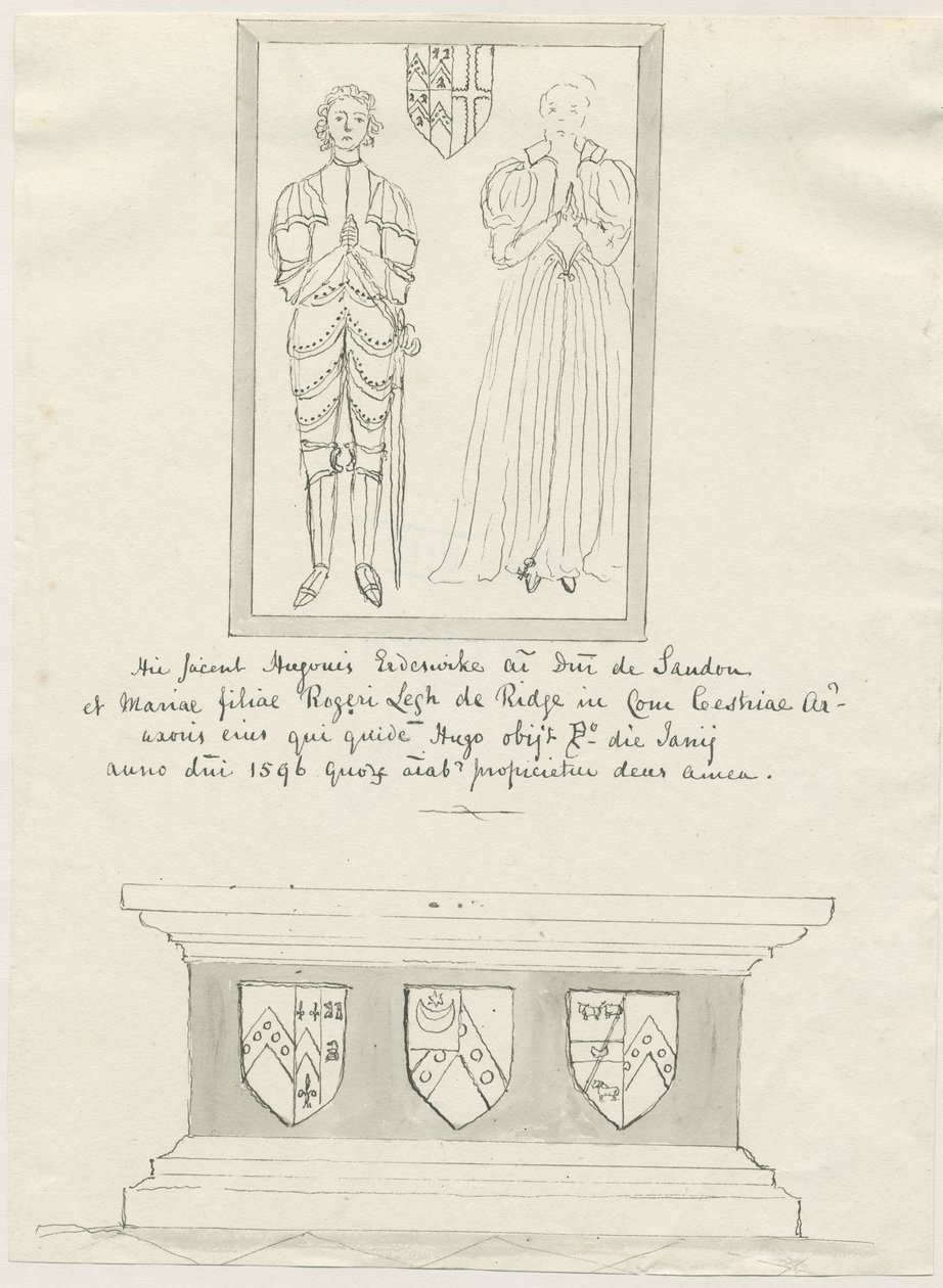 Sandon Church - Grobowiec Hugh Erdeswicka i Marii [Legh]: rysunek piórkiem, nd [?XVIII wiek] (rysunek) autorstwa School English