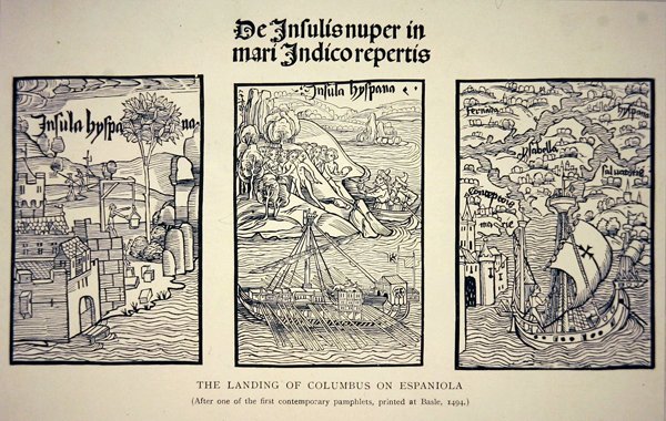 Lądowanie Kolumba na Espanioli, według współczesnej broszury opublikowanej w Bazylei w 1494 roku (lito) autorstwa School English