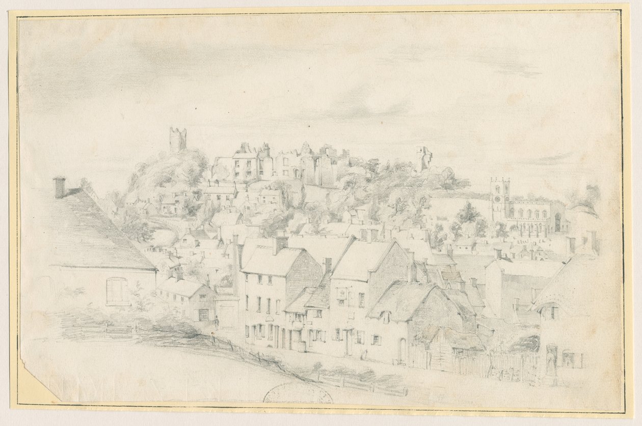 Tutbury - Miasto, kościół i zamek: rysunek ołówkiem, bd [?XIX w.] (rysunek) autorstwa School English