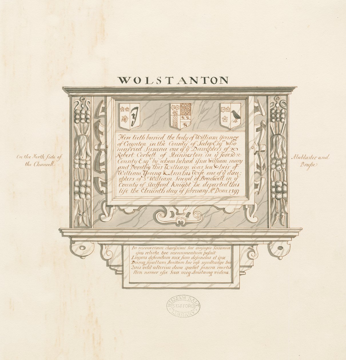 Kościół Wolstanton - Wall Monument to William Yonge of Caynton: rysunek piórem i praniem, nd [?XIX wiek] (rysunek) autorstwa School English