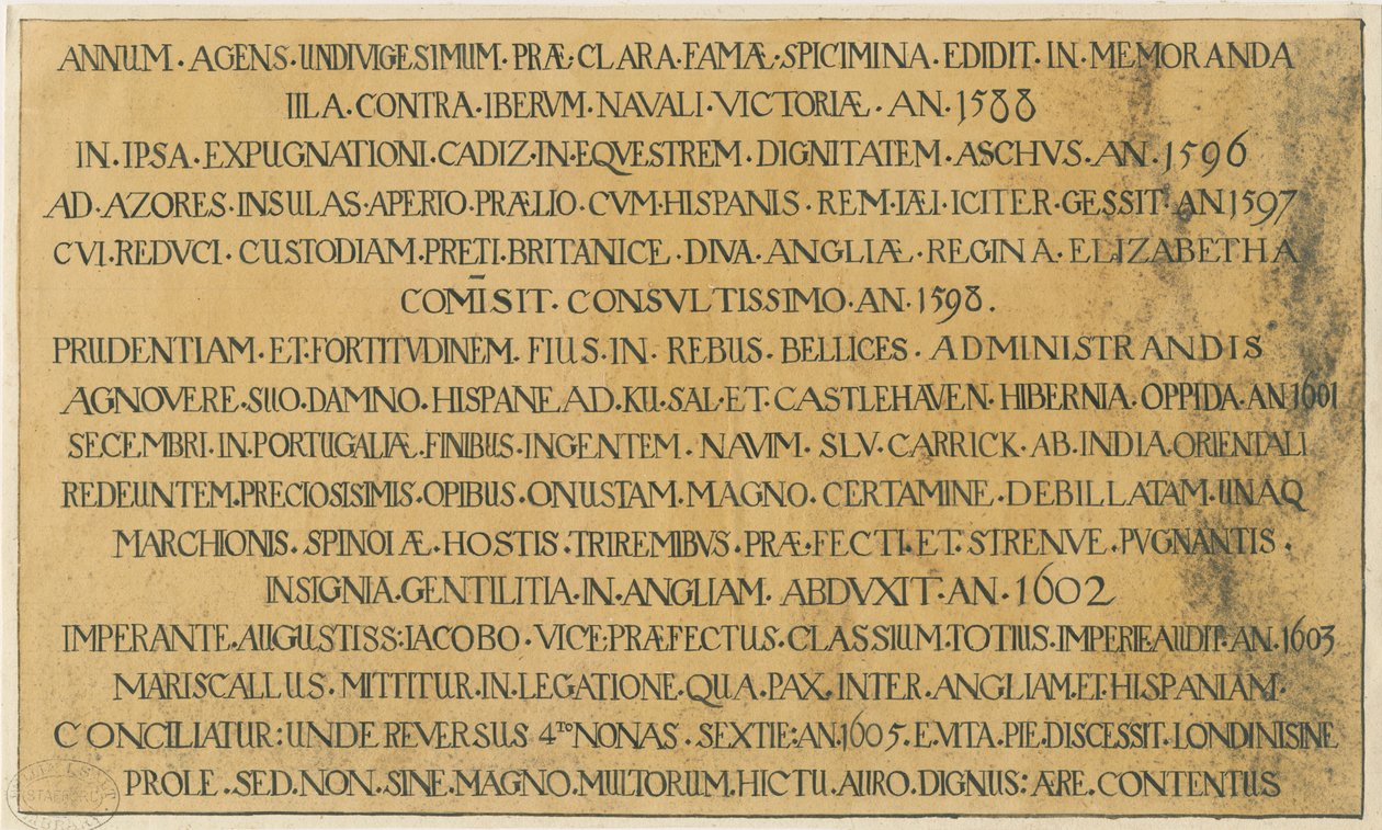Wolverhampton - łacińskie epitafium admirała Richarda Levesona w kościele św. Piotra: rysunek piórem i tuszem, bd [?XIX w.] (rysunek) autorstwa School English