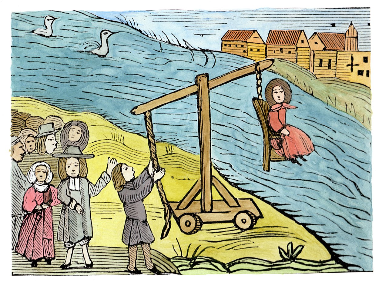 Kobieta na kaczym stołku, oskarżona o czary, ilustracja ze zbioru zeszytów o ezoteryce (drzeworyt) (późniejsza kolorystyka) autorstwa School English