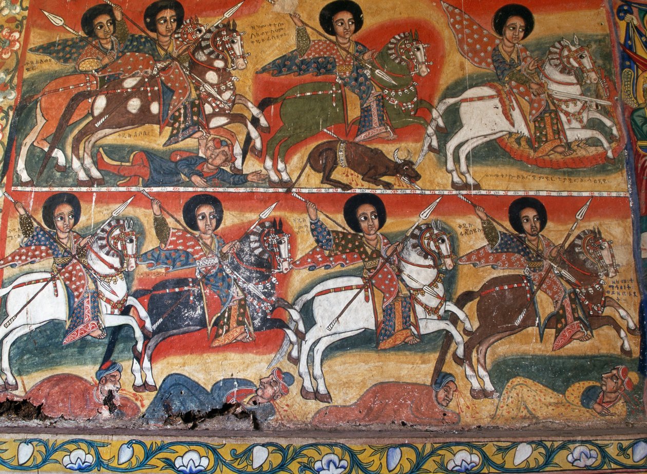 Rycerze z lancami, obrazy w klasztorze Ura Kidane Meret (XVII wiek), Greater Bahar Dar, półwysep Zege, Etiopia, Szczegół autorstwa School Ethiopian