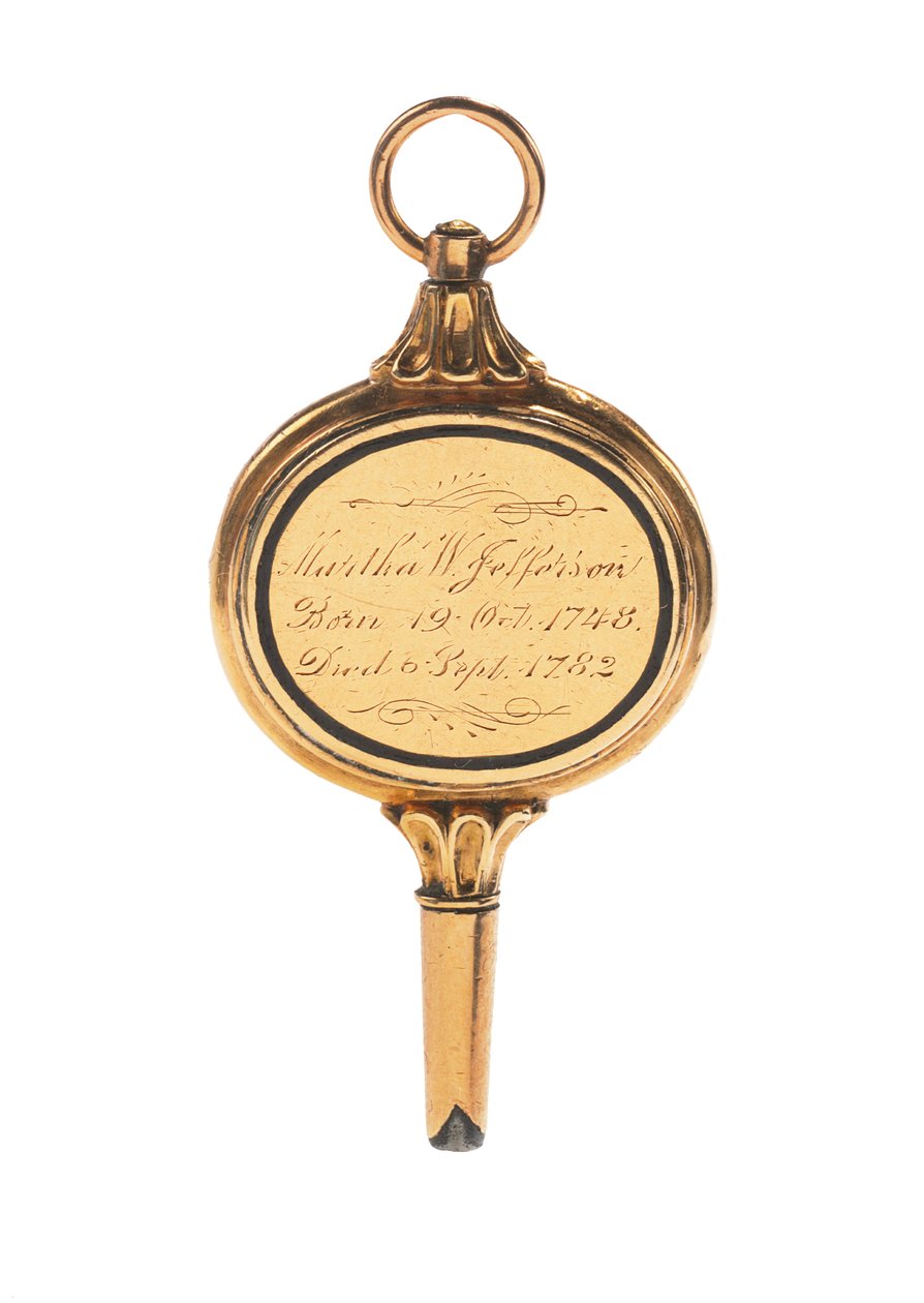 Grawerowany klucz do zegarka Memento mori, z lokiem Marthy Wayles Jefferson, francuski lub angielski, koniec XVIII - początek XIX wieku (złoty) (patrz także 711002) autorstwa School European