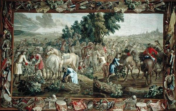 Podwójny gobelin przedstawiający zbieraczy gałązek poza miastem, brukselski warsztat (gobelin) autorstwa School Flemish