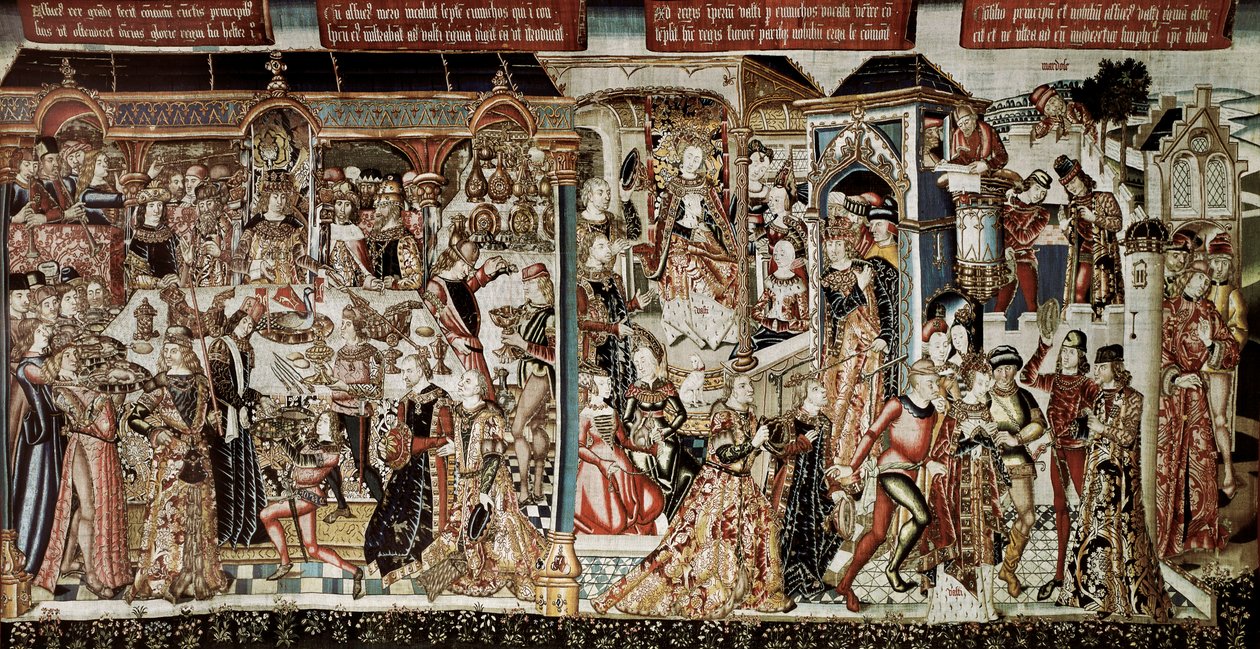 „Uczta króla Aswerusa””. Księga Estery: Król Aswerus (Kserkses I) wydał szlachcie swojego królestwa wspaniałą ucztę, która trwała kilka dni. Siódmego dnia rozkazał zaprezentować się królowej Vasti, ubranej w jej najlepsze szaty autorstwa School Flemish
