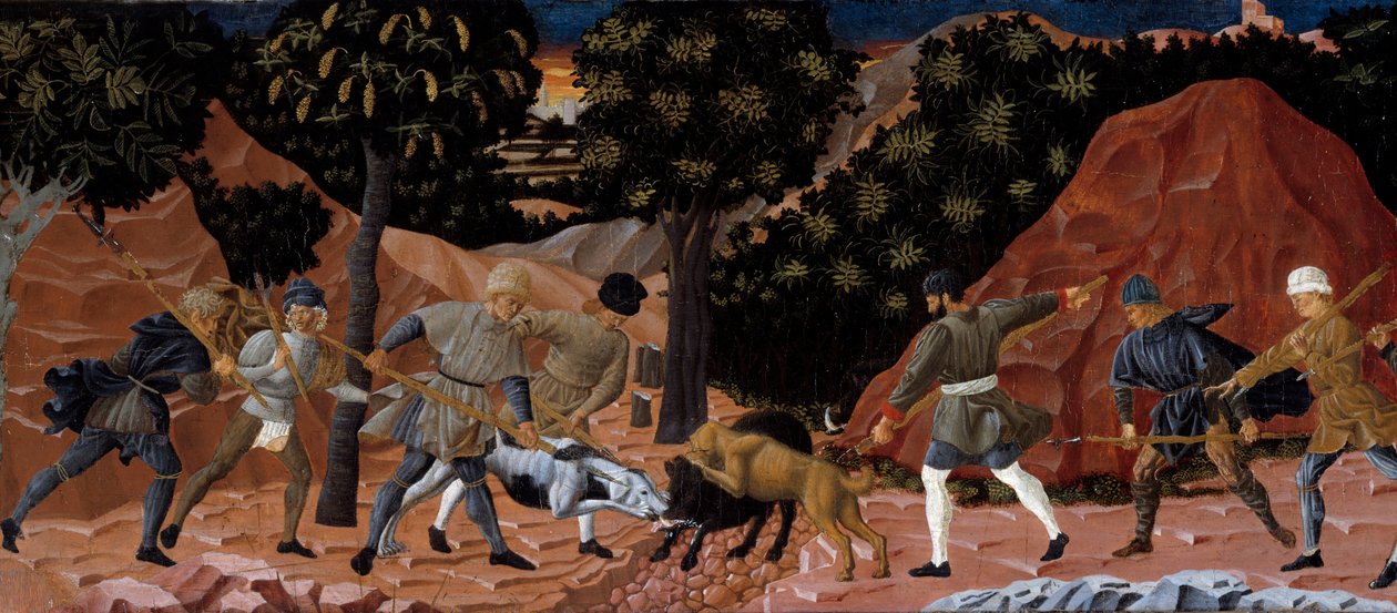 Scena polowania na dzika. Szczegół. Anonimowy obraz szkoły florenckiej. 1450-1460. Tuluza, Musee des Augustins autorstwa School Florentine