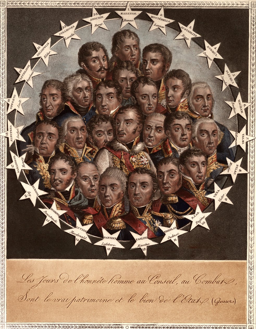 Bohater po zwycięstwie - Dni uczciwości w Radzie, w walce - są prawdziwym dziedzictwem i dobrem państwa. (Gressets) - 1. marengo. dessaix. 2. Montebello. linie. 3. austerlitz. rap. 4. eckmuel. śniady. 5. kwiat. Jourdan. 6. wagram. berthier autorstwa School French