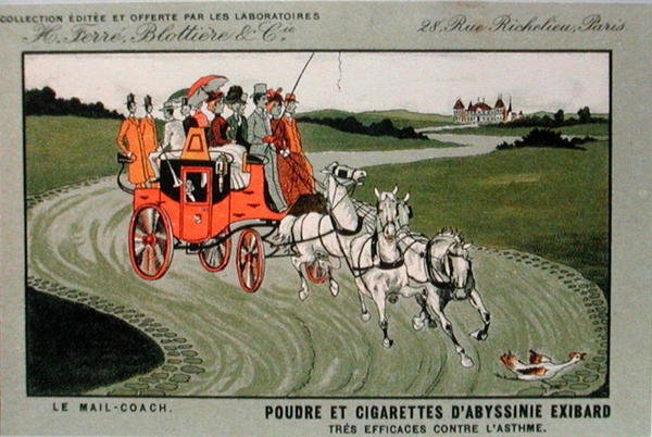 Reklama marki papierosów Exibard przedstawiająca trenera pocztowego i stwierdzająca, że tytoń i papierosy są skuteczne w walce z astmą (kolor litho) autorstwa School French