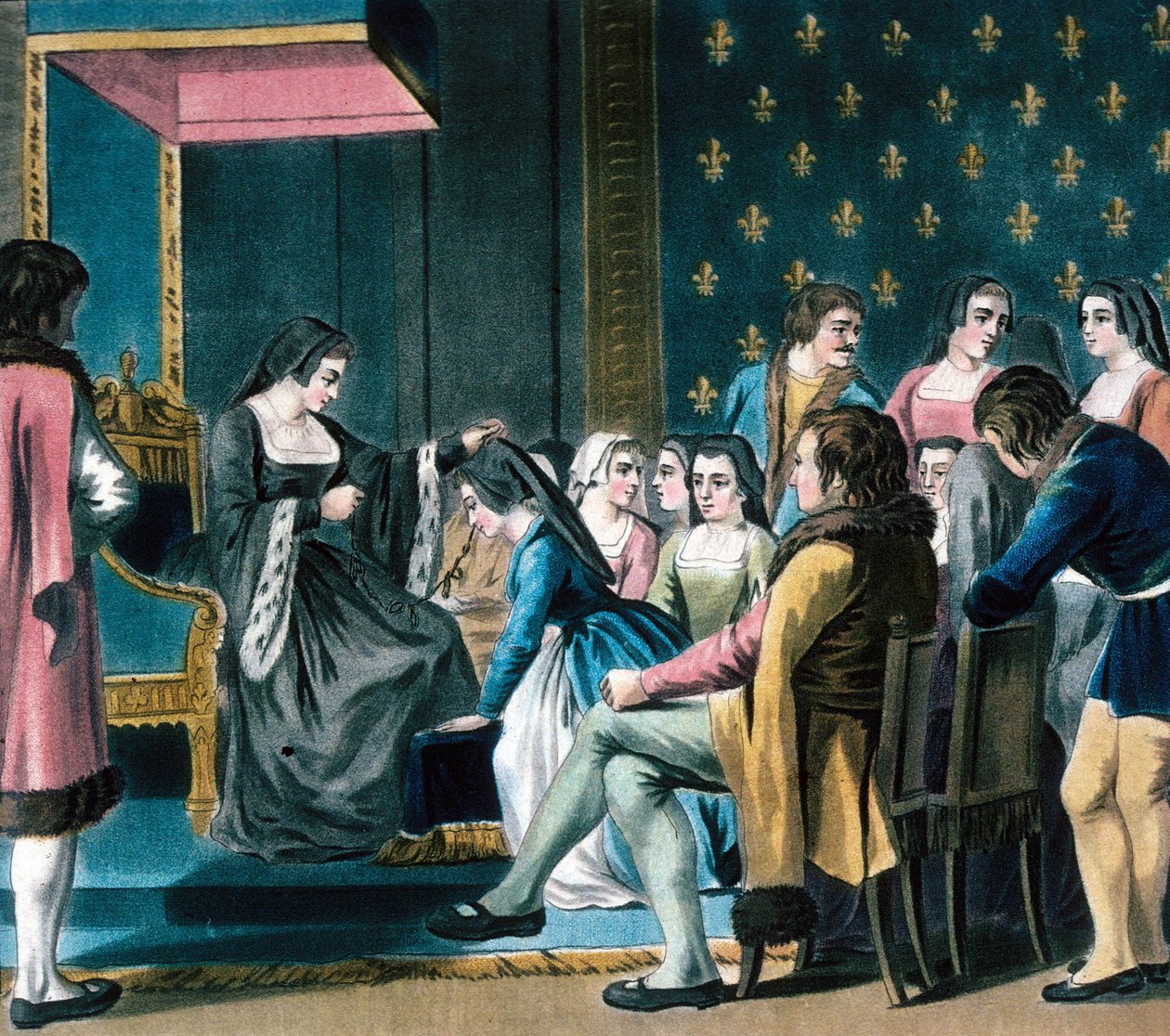Anne de Bretagne wręcza „Ordre de la Cordeliere” Damie Czekającej (kolorowy grawerunek) autorstwa School French