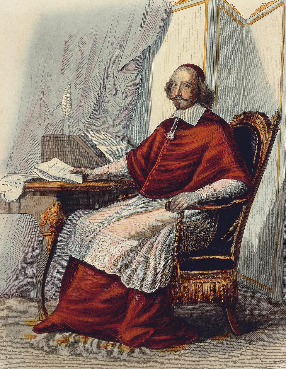 Kardynał Jules Mazarin (Giulio Mazzarini) (kolorowe grawerowanie) autorstwa School French