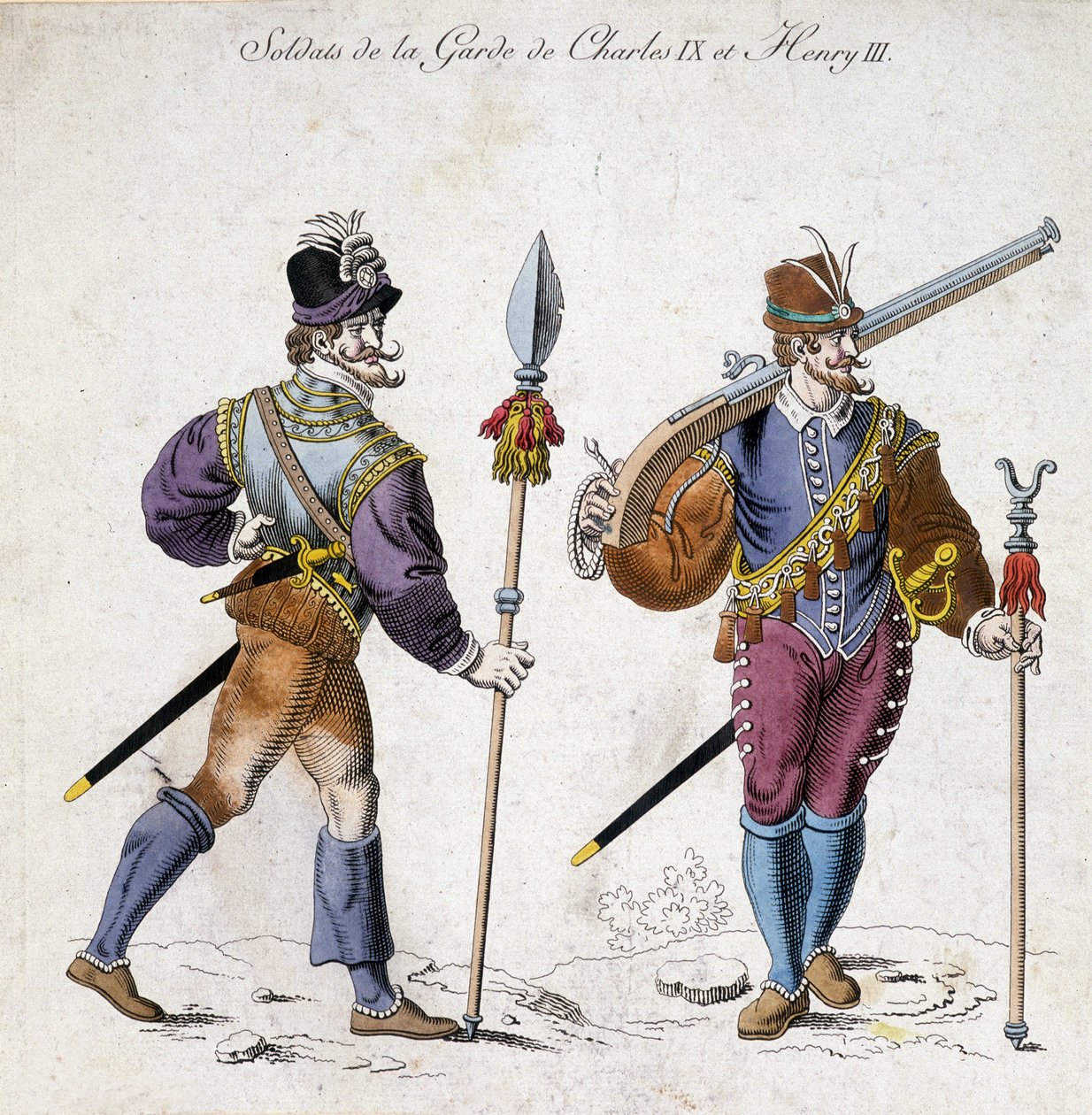 Stroje żołnierzy gwardii Karola IX (1550-1574) i Henryka III (1574-1589). autorstwa School French