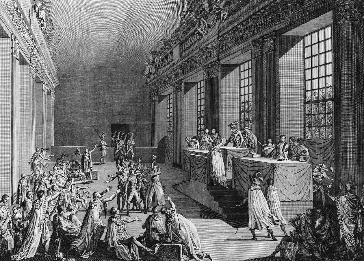 Dni 18 i 19 mgły An VIII (9 i 10 listopada 1799): zamach stanu Bonapartego w Izbie Rady Pięciu centów (Sala 500), który obalił Zarząd, przejął władzę i został nazwany Pierwszy Konsul. Paryż, Biblioteka Instytutu autorstwa School French