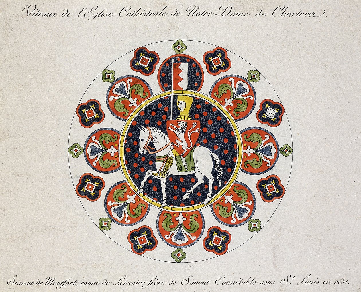 Rysunek rozety w Chartres: Simon de Montfort (kolor lito) autorstwa School French