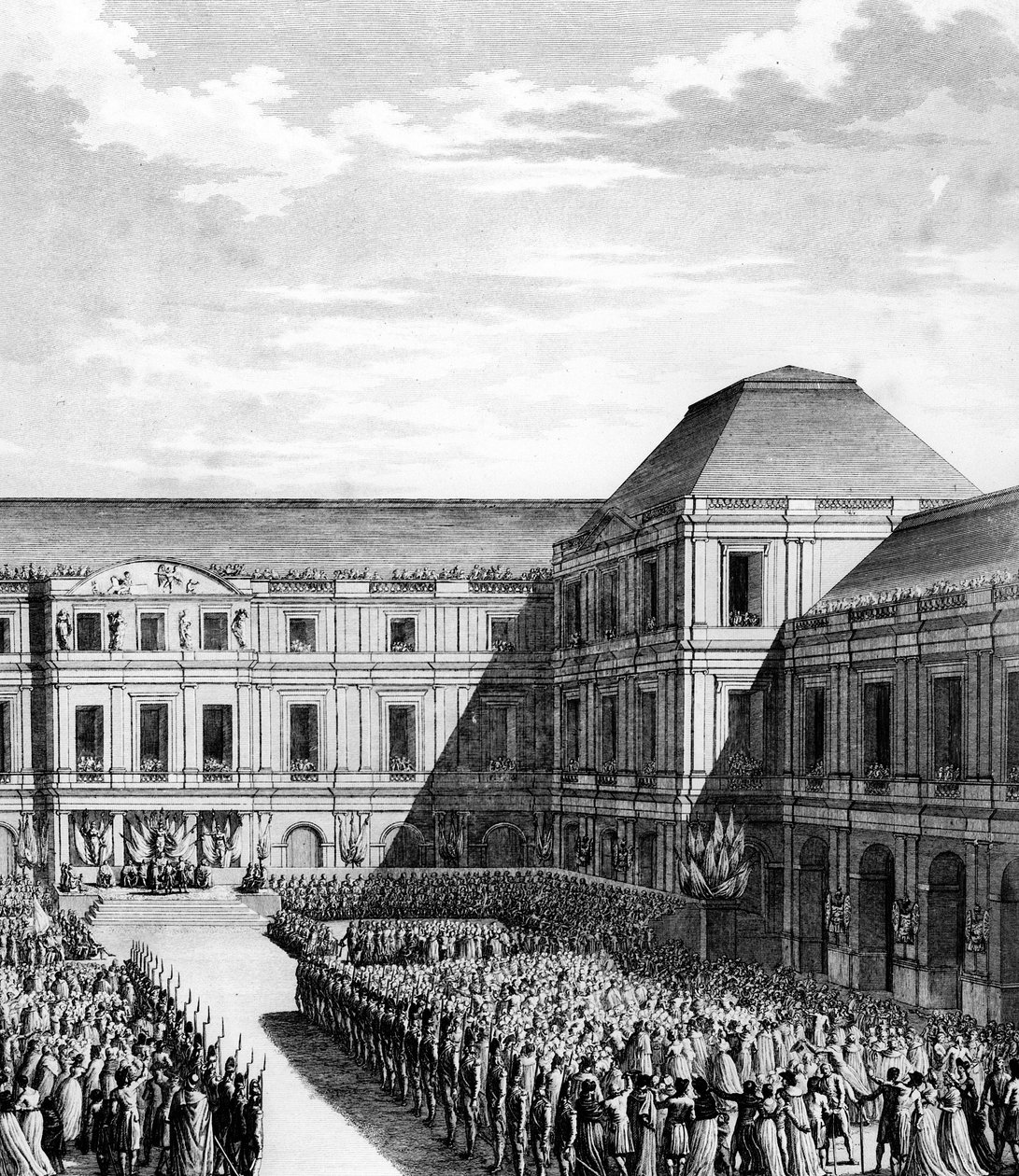 Festyn wydany przez Napoleona I Bonaparte (1769-1821) w Pałacu Narodowym Dyrektoriatu (Pałac Luksemburski) w Paryżu po handlu Campo Formio w dniu 20 piątek VI (10 grudnia 1797). Paryż, Biblioteka Instytutu Historii Rewolucji autorstwa School French