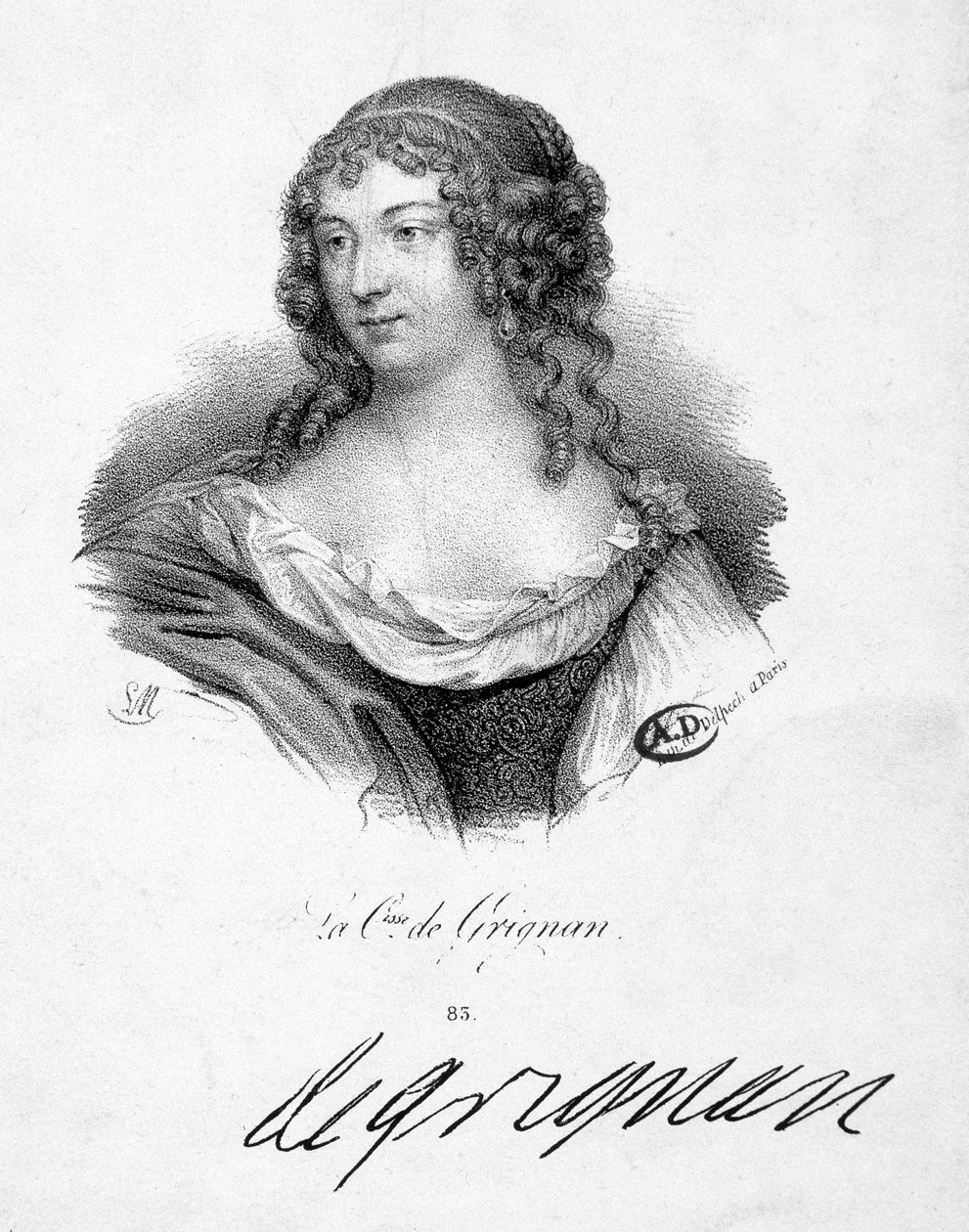 Francoise Marguerite de Sevigne, hrabina Grignan (1648-1705), córka Marie de Rabutin-Chantal (Rabutin Chantal), markiza Sevigne dit Madame de Sevigne (1626-1696) - grawerowanie, b.d. autorstwa School French