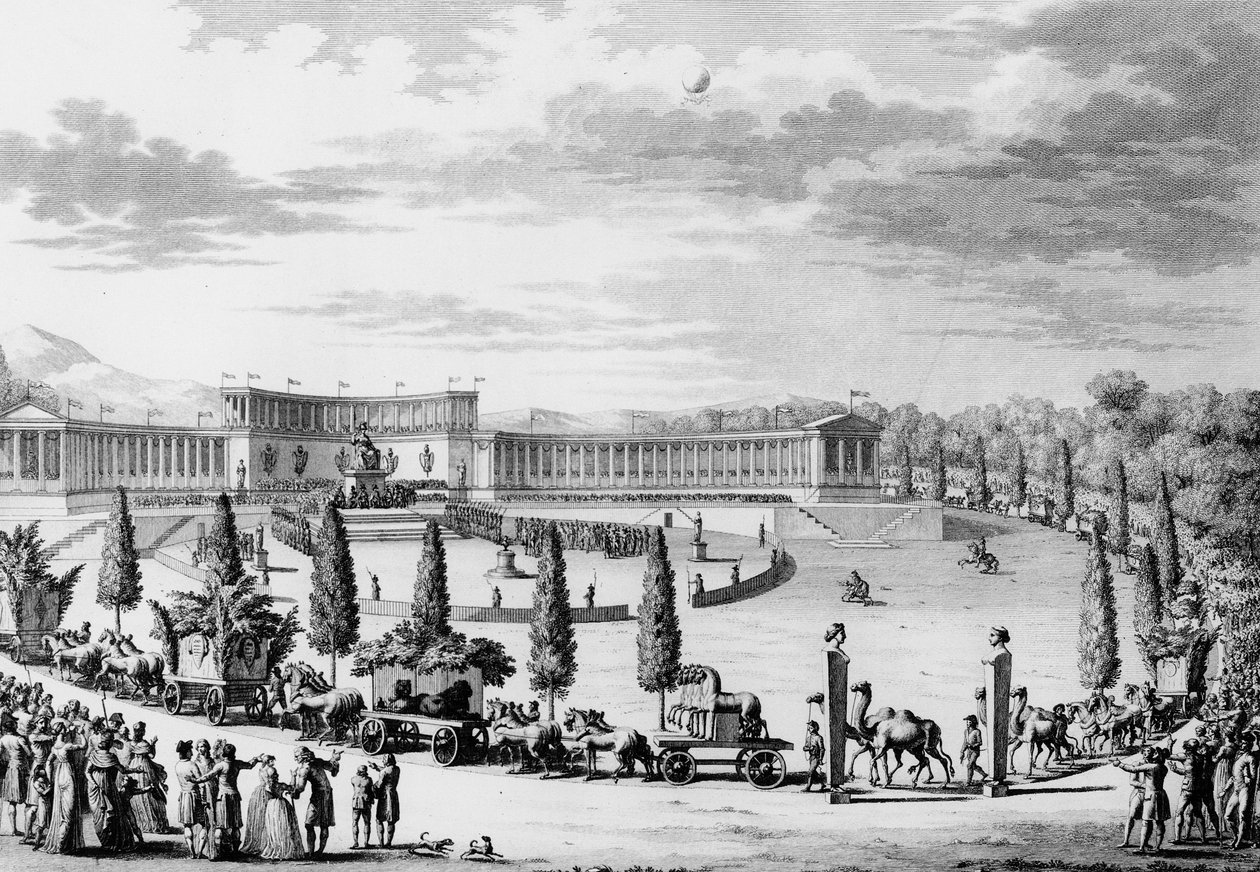 Rewolucja Francuska: Święto wydane z okazji triumfalnego wjazdu pomników nauki i sztuki we Francji w dniach 9 i 10 termidora An VI (28 lipca 1798) na rozkaz konsula Napoleona Bonaparte (1769-1821) (kampania plądrująca) . Paryż, autorstwa School French