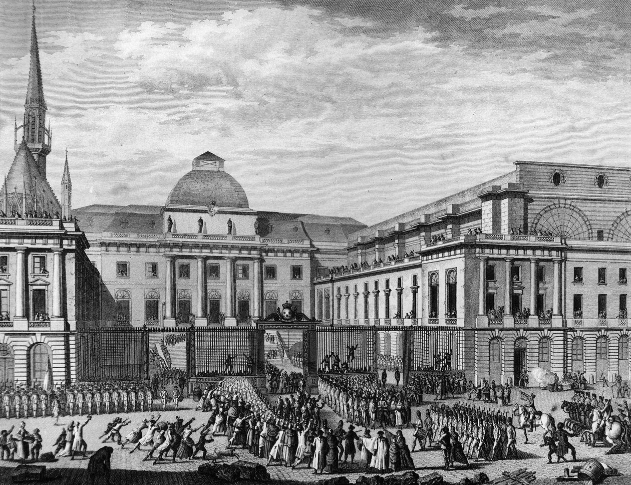 Rewolucja Francuska: Ratusz Paryża, parlament w listopadzie 1790 na wyspie miasta, któremu przewodniczył Jean Baptiste Gaspard Bochart de Saron (1730-1794). Paryż, Biblioteka Instytutu Historii Rewolucji autorstwa School French