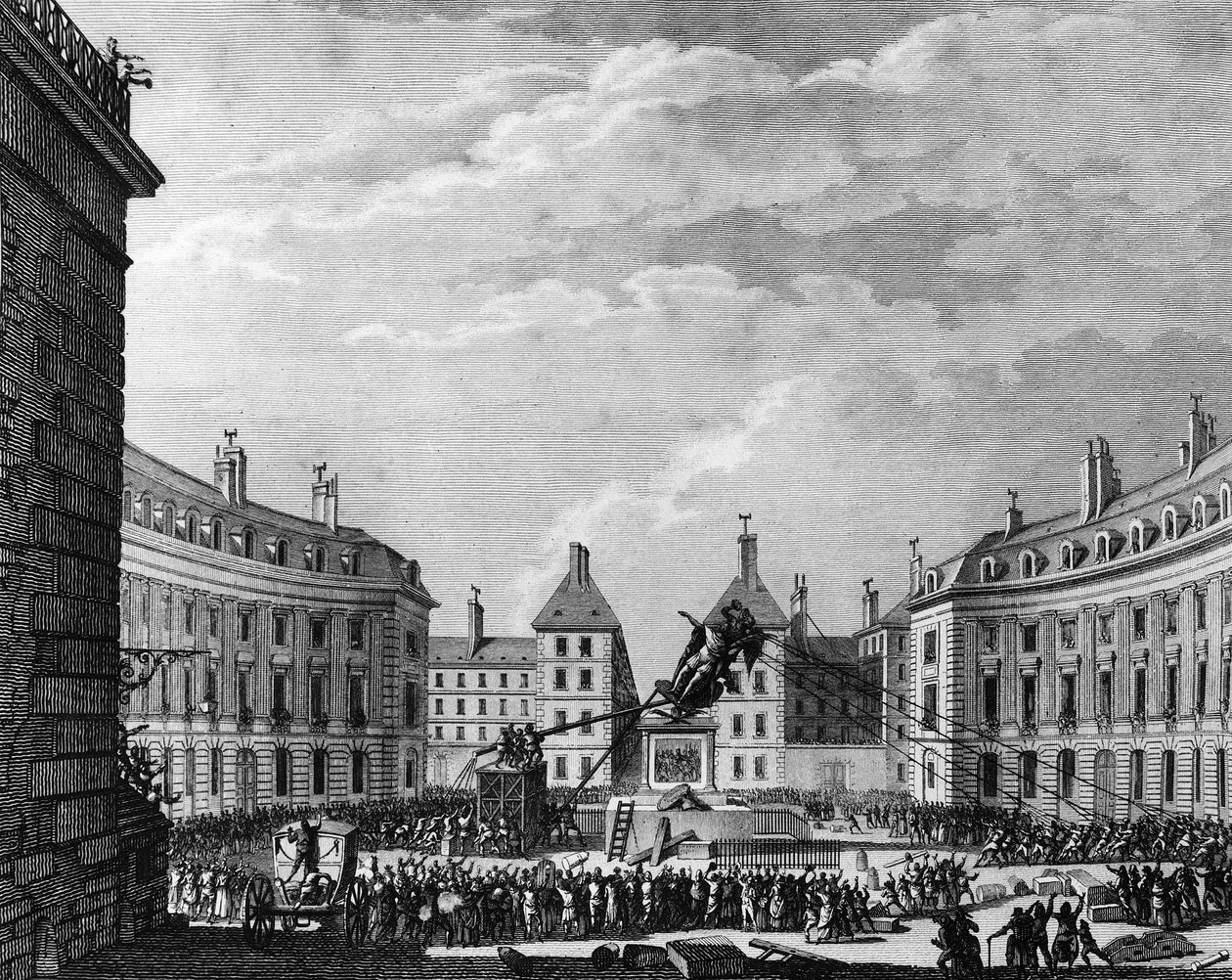 Rewolucja Francuska: Pomnik króla Ludwika XIV zestrzelony za zwycięstwa w Paryżu 11 autorstwa School French