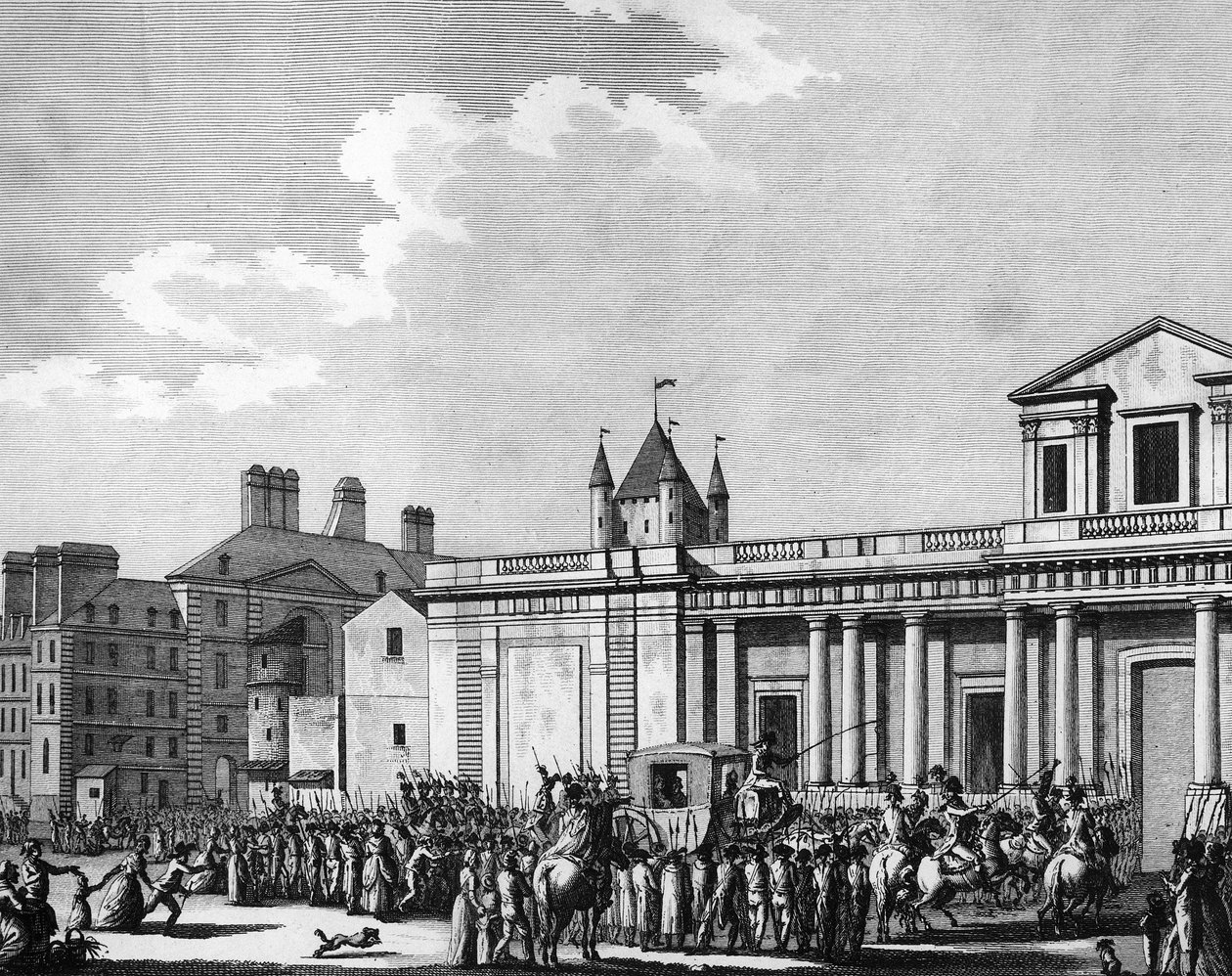 Rewolucja Francuska: 13 sierpnia przeniesienie rodziny królewskiej (Ludwika XVI, Marii Antoniny, delfina Ludwika Karola de France lub Ludwika XVII i Marię Teresę znanych jako „Madame Royale”) do więzienia Temple w Paryżu autorstwa School French