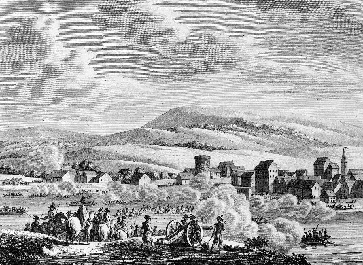 Francuska wojna o niepodległość i ruchy antyrewolucyjne: wojska francuskie przechodzące przez Ren do Dusseldorfu, Niemcy, 20 Fructidor An III (6 września autorstwa School French