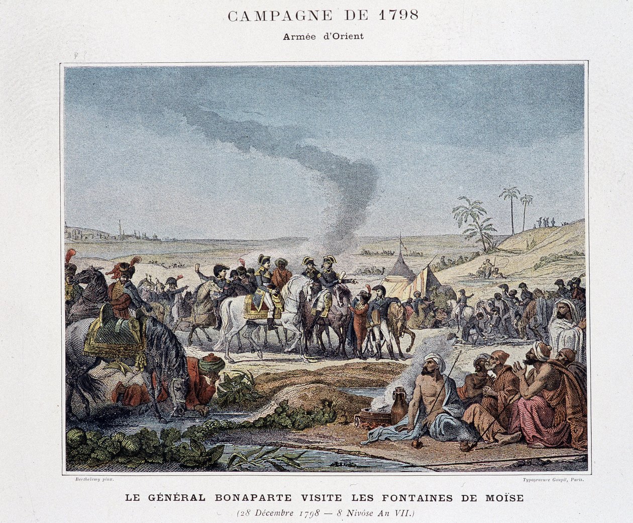 Generał Bonaparte odwiedza fontanny Mojżesza - w „Zwycięstwach i podbojach armii francuskiej”, Paryż, b.d. (grawerowanie) autorstwa School French