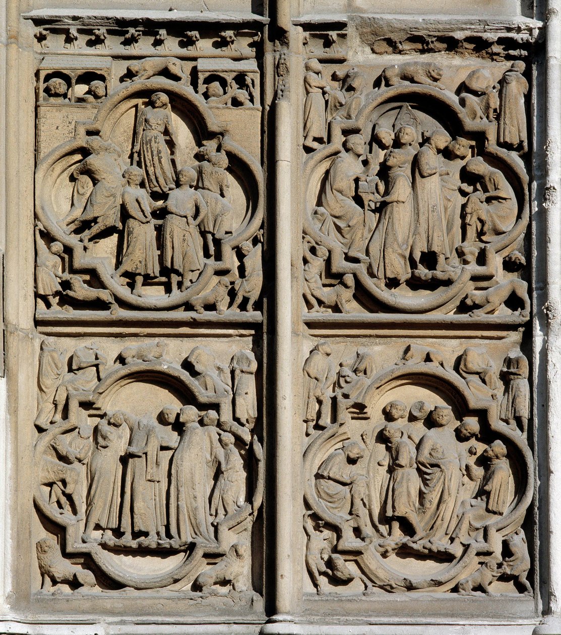 Sztuka gotycka: sceny nauczania. Fragment południowego portalu katedry Notre Dame (Notre-Dame) w Paryżu autorstwa School French