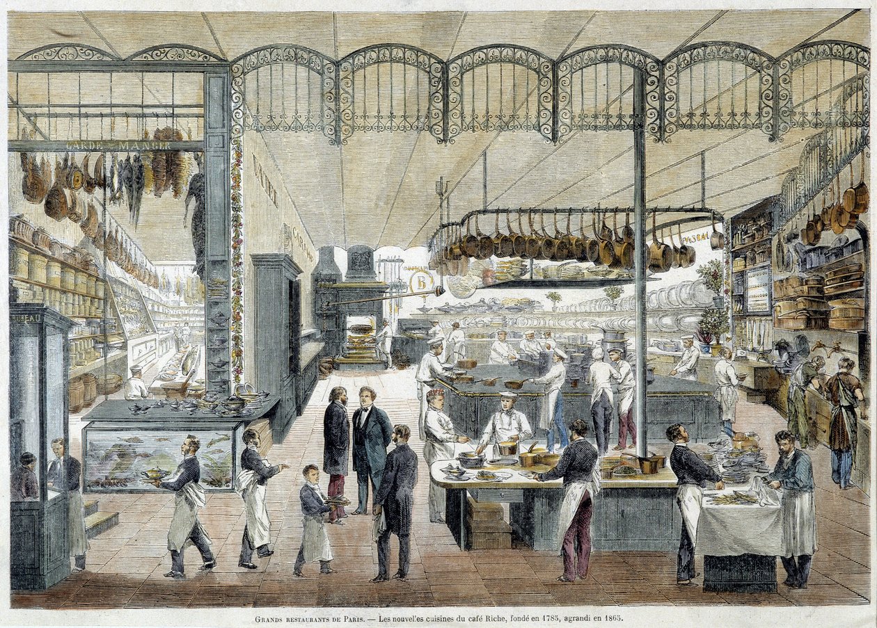 Świetne restauracje w Paryżu: nowe kuchnie Café Riche, założonej w 1785 r., powiększonej w 1865 r. autorstwa School French