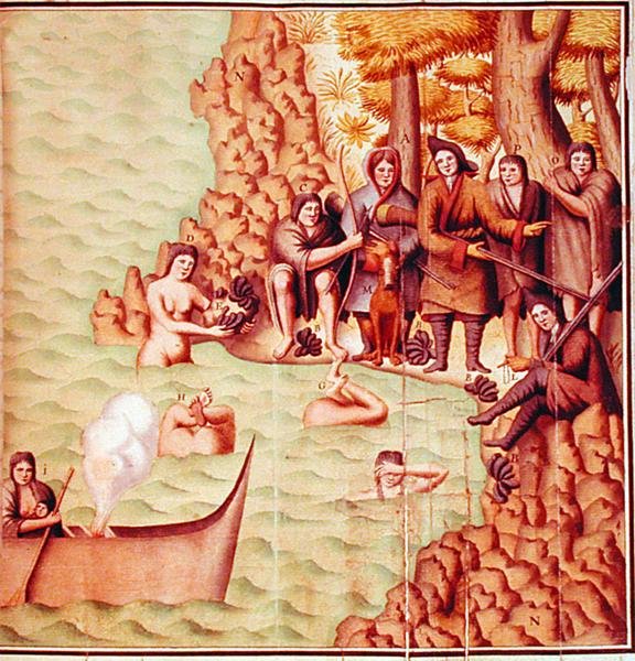 Indianie z Cieśniny Magellana z francuskimi odkrywcami, ilustracja z „Voyage de Gouin de Beauchesne” autorstwa School French