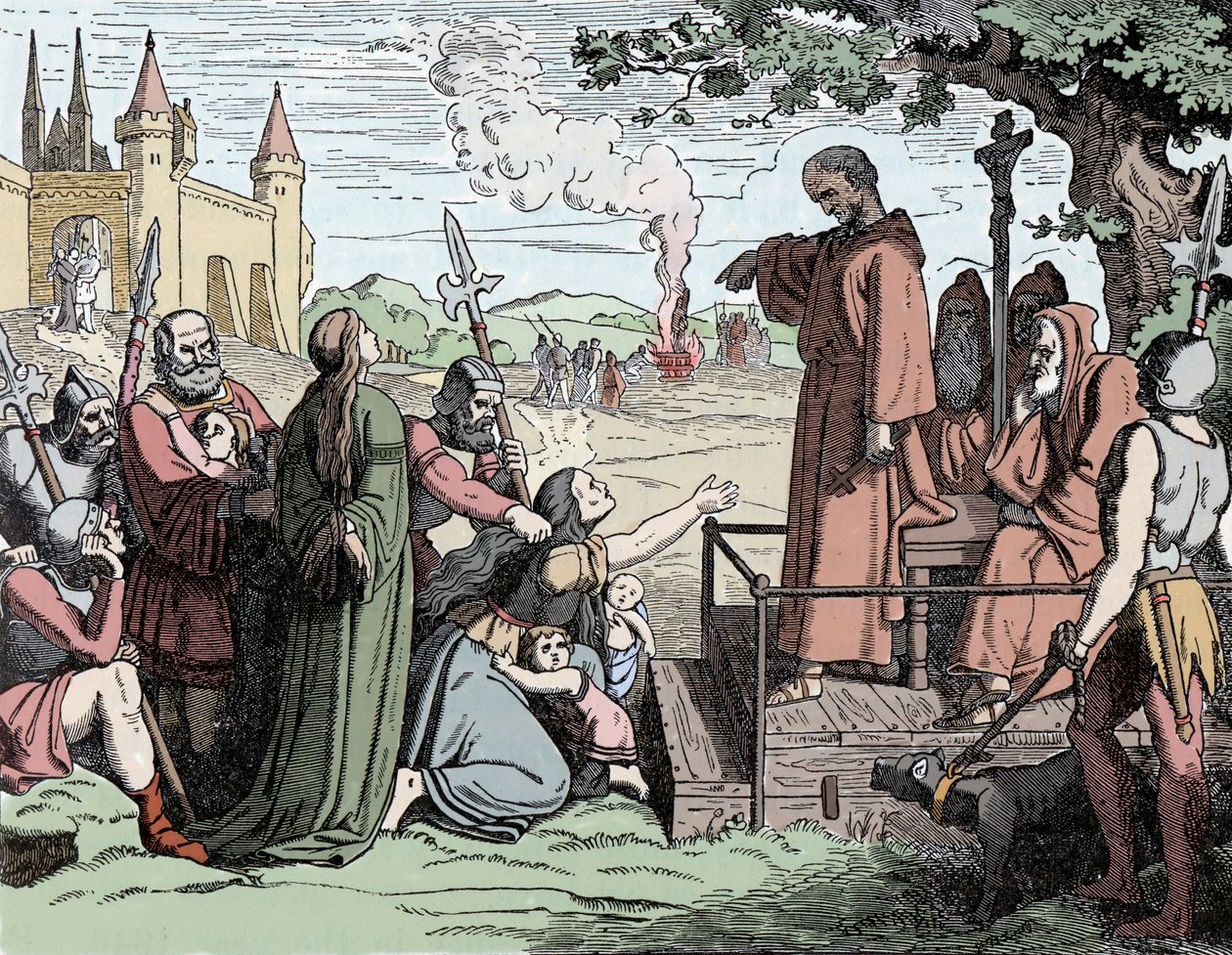 Żydzi skazani na spalenie żywcem w średniowieczu (kolorowa litografia) autorstwa School French