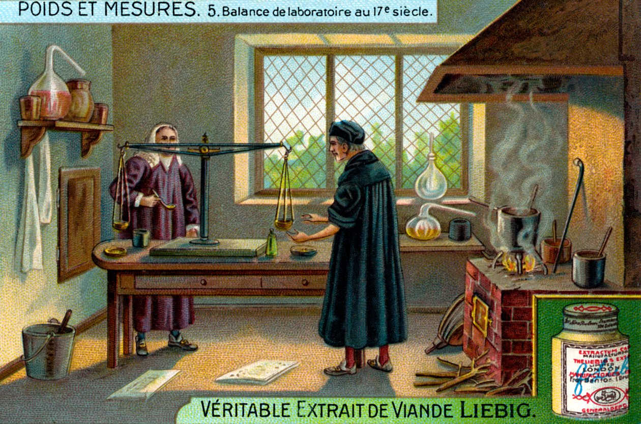 Wagi laboratoryjne w XVII wieku, karta Liebiga (druk) autorstwa School French