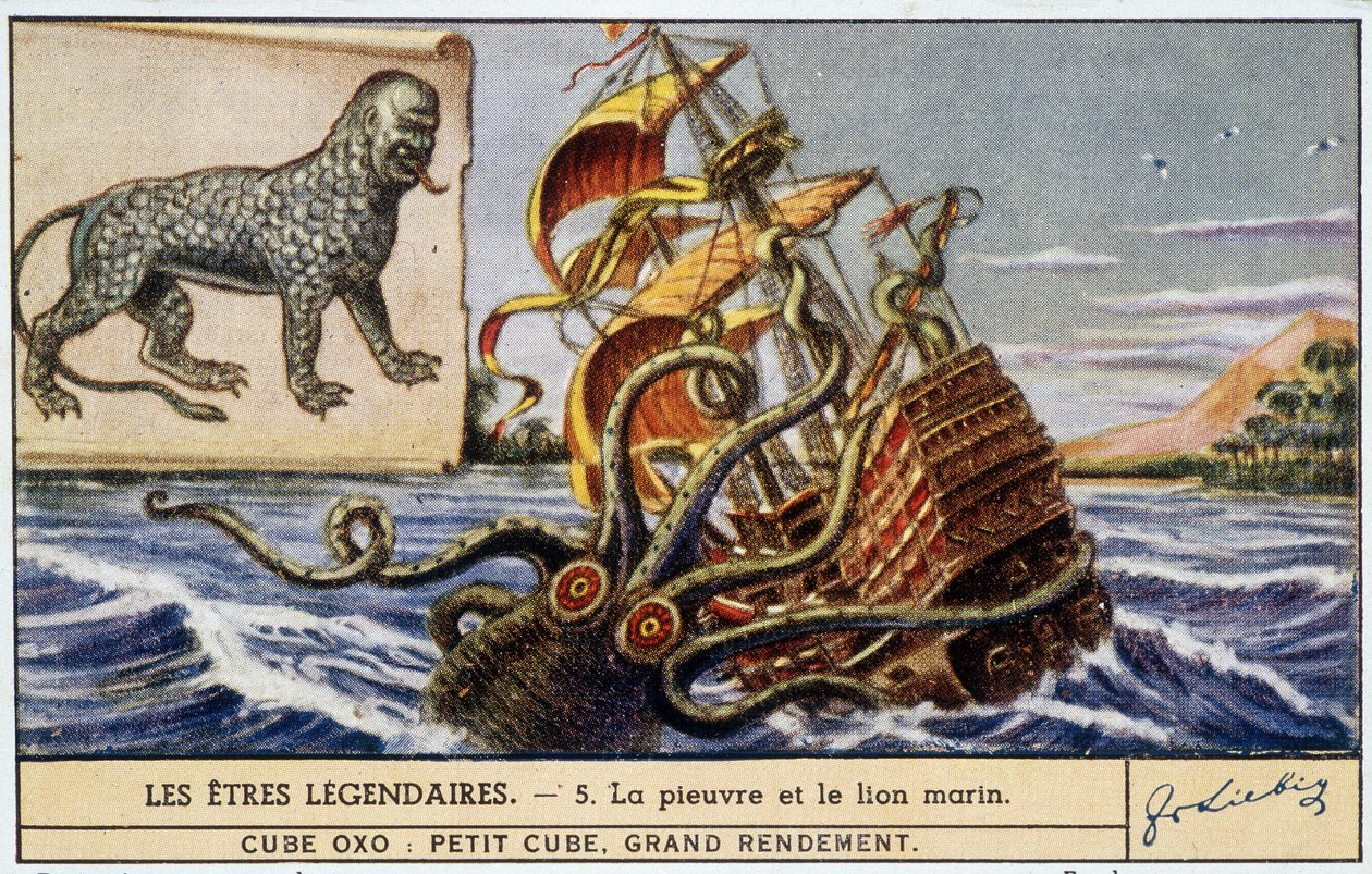 Legendarne istoty - ośmiornica i lew morski - kolor chromo Liebiga. autorstwa School French