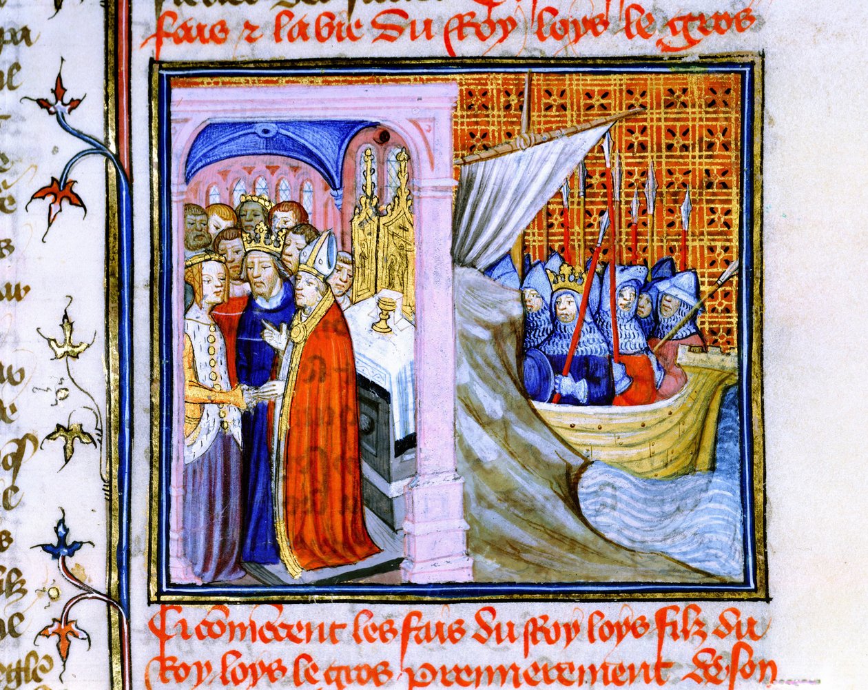 Małżeństwo Eleonory Akwitańskiej i Ludwika VII Francuskiego (1137) po lewej i wyruszenie na drugą krucjatę 1147-1149, z "Chronique de St Denis" (pergamin) autorstwa School French