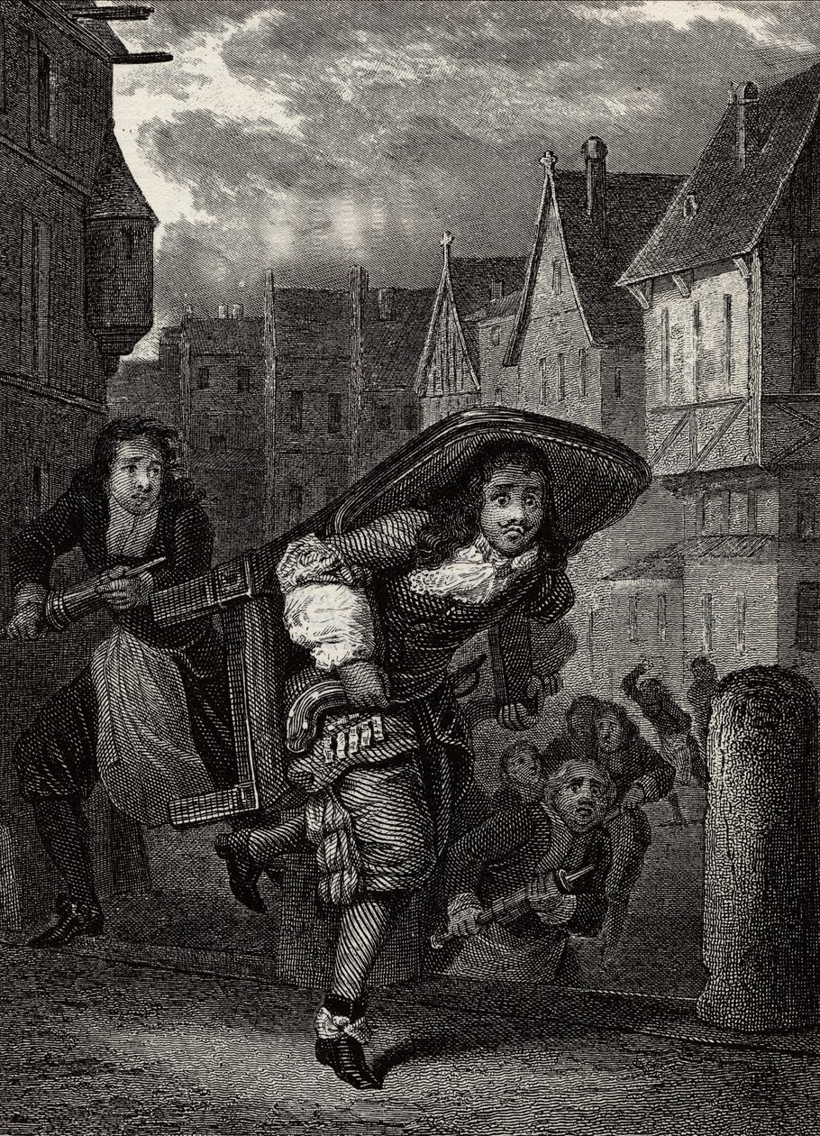 „” Monsieur de Pourceaugnac””” Grawerowanie z „” prac” angielskiego autora Moliere - Scena ze sztuki „” Monsieur de Pourceaugnac”” Jean-Baptiste Poquelin dit Moliere (Jean Baptiste Poquelin autorstwa School French