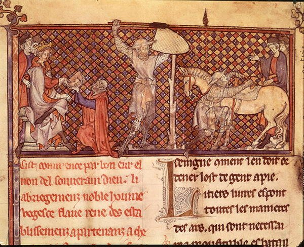 Ms 332 fol.1 Jean de Meung (1240-1305) ofiarowujący swoją książkę hrabiemu Eu i odejście rycerza, z „Traduction de Vegece” Jeana de Meung autorstwa School French