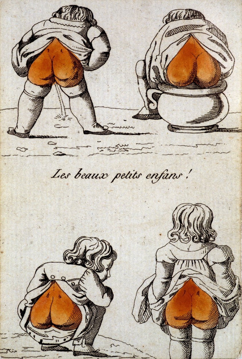 Stara karta do gry: czwórka serc - „Piękne małe dzieci” pokazujące pośladki w kształcie serca. Musée de la Carte à Joueur, Issy-les-Moulineaux. autorstwa School French