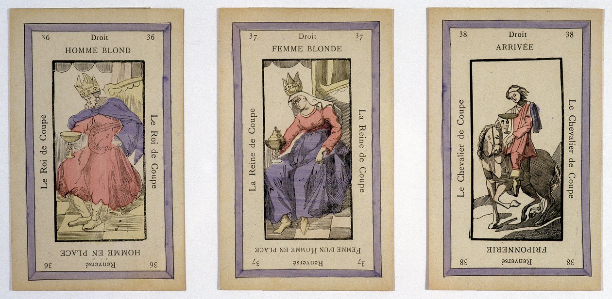 Stare karty do gry z królem (blond mężczyzna), królową (blond kobieta) i jeźdźcem (finisz) puchar. Musée de la Carte à Joueur, Issy-les-Moulineaux. autorstwa School French