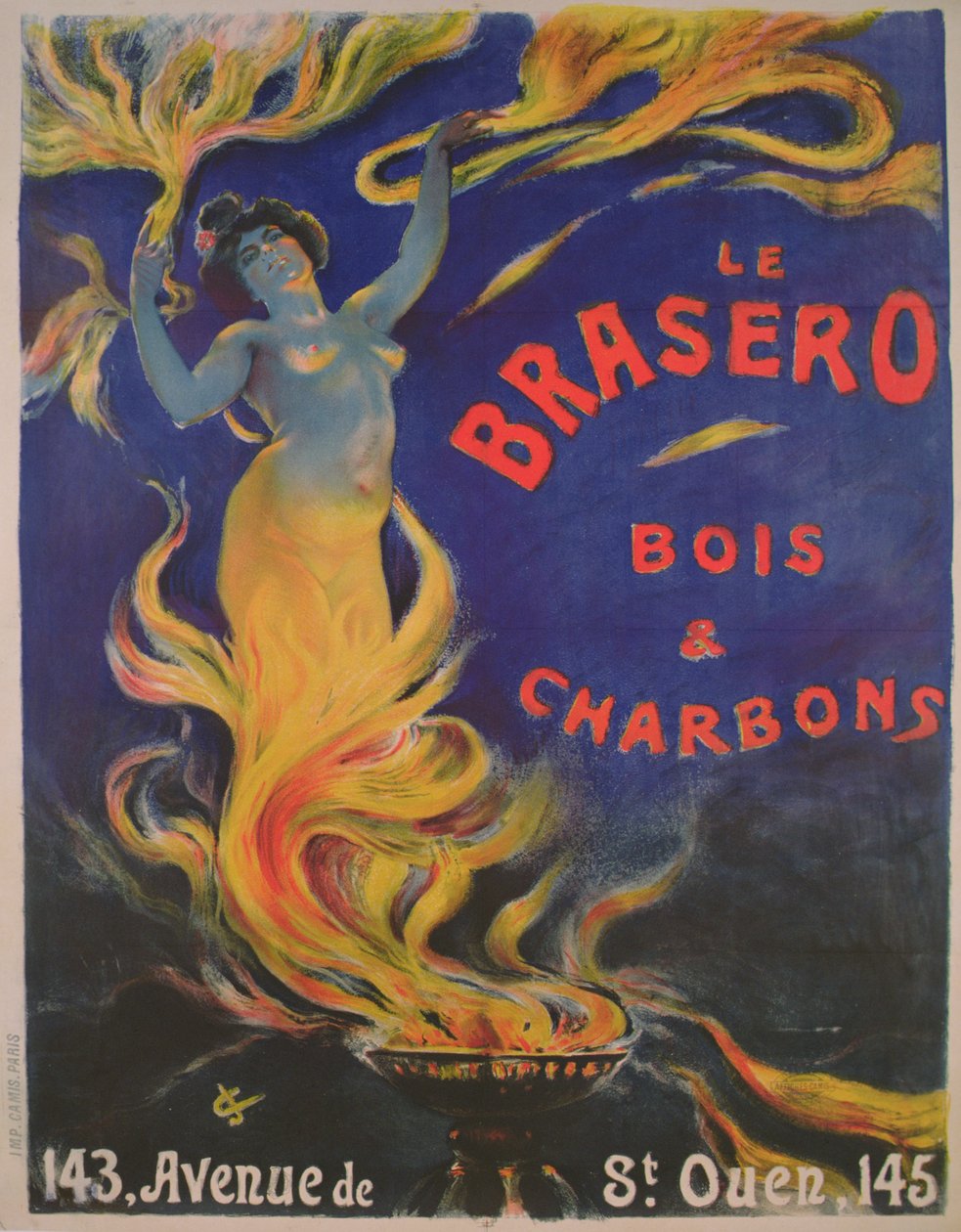 Plakat reklamujący "Le Brasero" drewno i węgiel (litografia kolorowa) autorstwa School French