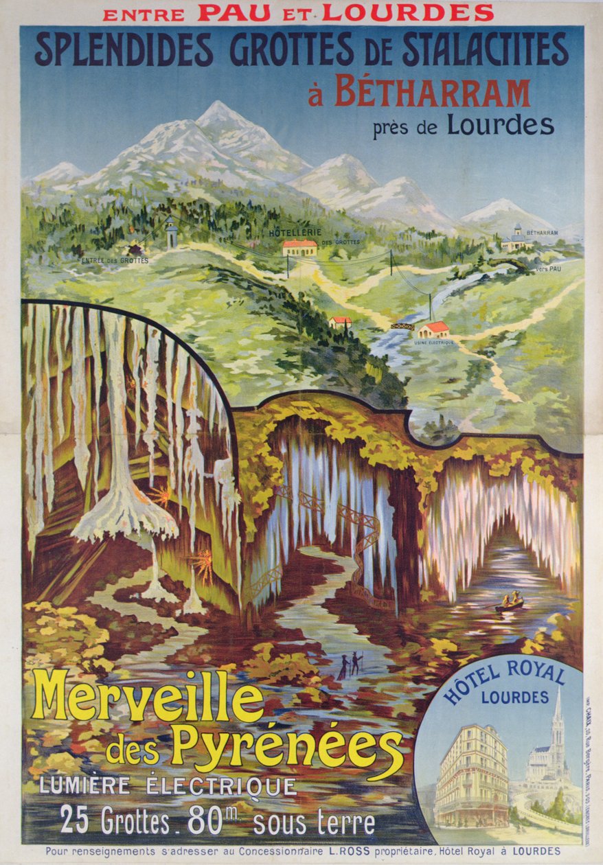 Plakat reklamujący jaskinie Betharram, cuda Pirenejów, między Pau i Lourdes, ok. 1900 (kolor lito) autorstwa School French