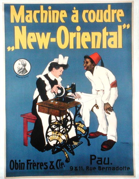 Plakat reklamujący maszynę do szycia „New Oriental”, wykonany przez Obin Freres & Co. (kolor lito) autorstwa School French