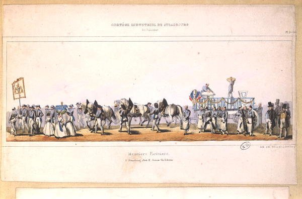 Procesja Meuniers-Fariniers (Millers) w Strasburgu, 25 czerwca 1840 (kolor lito) autorstwa School French